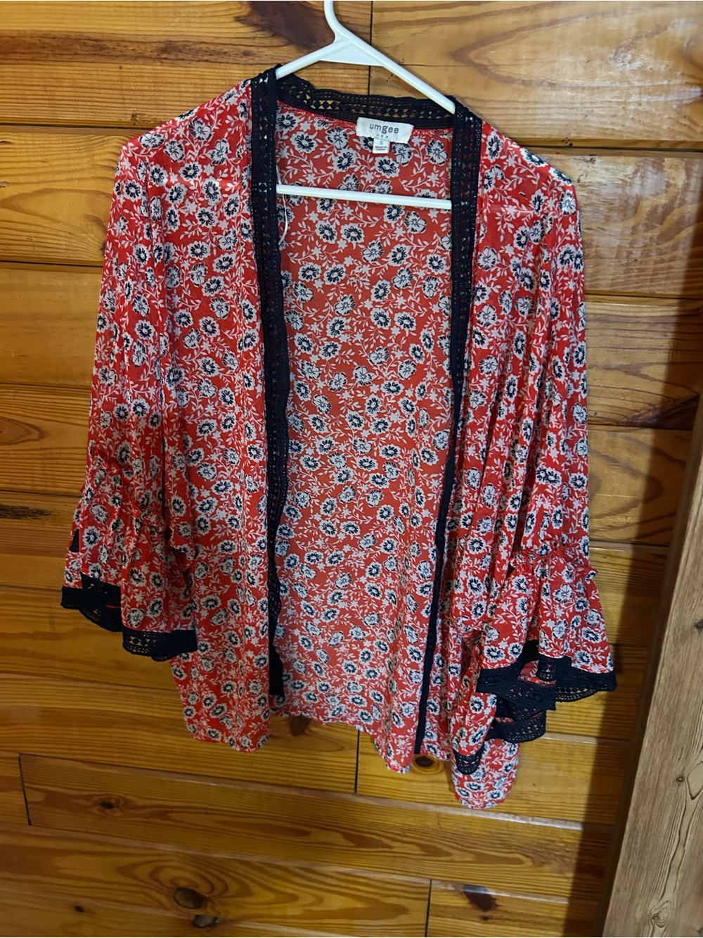 Umgee Coral Floral Open Front Kimono with Black Trim